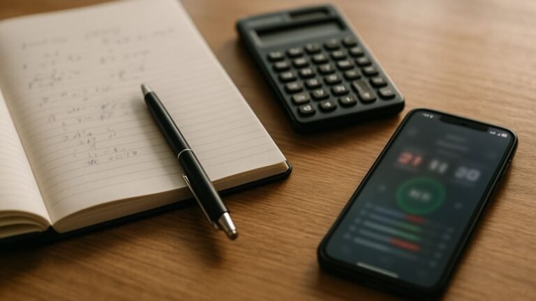 Cuaderno con cálculos, calculadora y móvil sobre una mesa para calcular los requisitos de apuesta de un bono